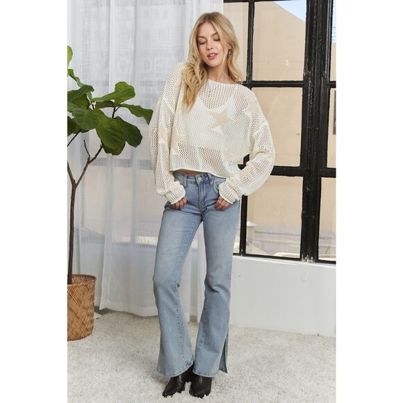 ADORA Star Print Long Sleeves Lightweight Loose Fit Casual Knit Sweater | Ivory - Picture 6 of 6